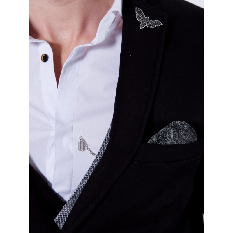 STEFAN Ανδρικό μαύρο slim μεσάτο σακάκι, διακοσμητικό μαντήλι, Χρώμα Μαύρο, Μέγεθος 52