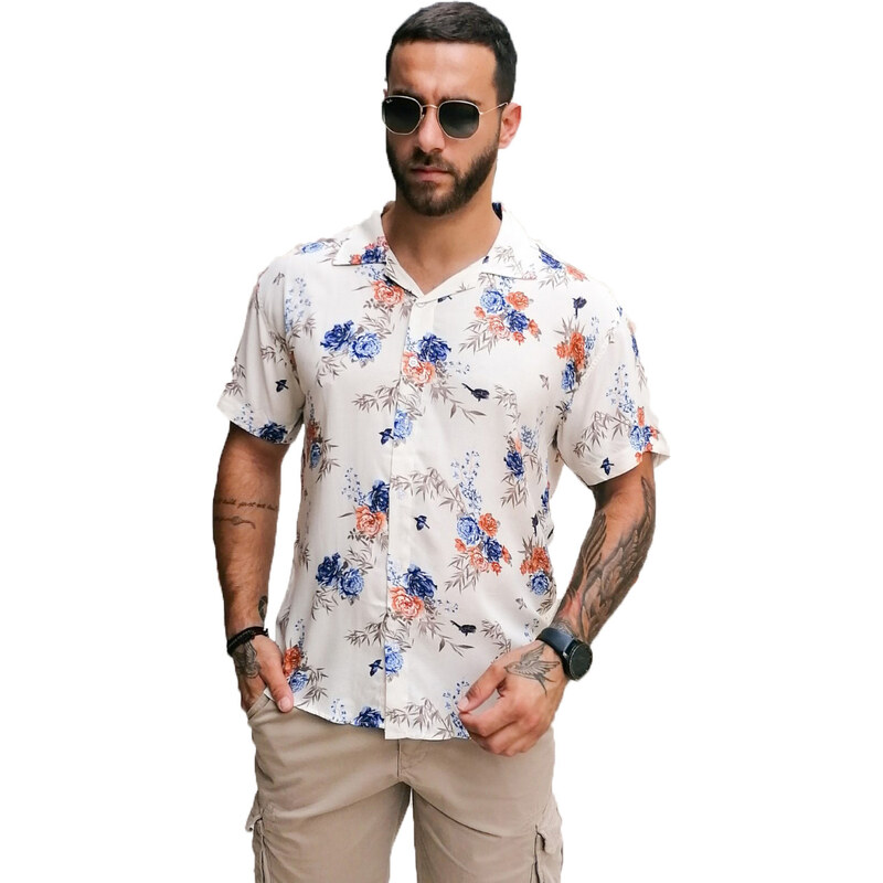 Huxley and Grace Ανδρικό μπεζ φλοράλ κοντομάνικο πουκάμισο 202159