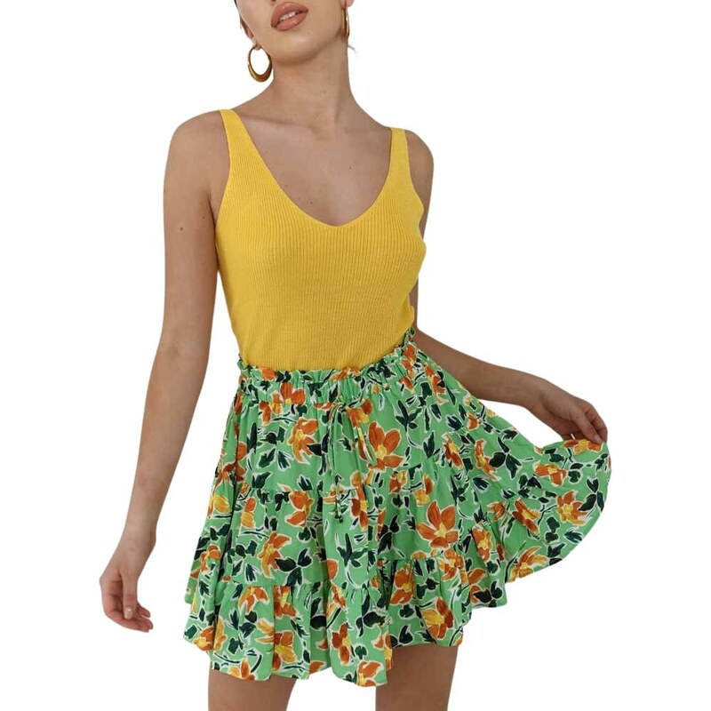 Glamorous Φούστα Mini Με Βολάν Floral Πράσινη - Edem