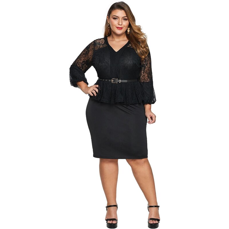 AMELY: μαύρο δαντελένιο Plus size φόρεμα με ζώνη VALENCIA