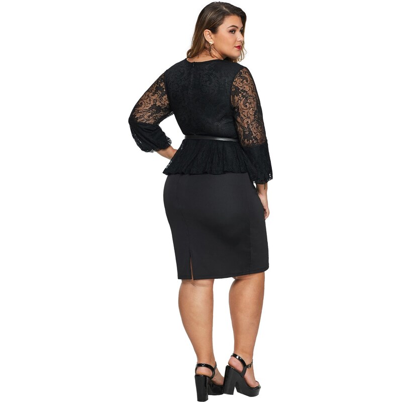 AMELY: μαύρο δαντελένιο Plus size φόρεμα με ζώνη VALENCIA