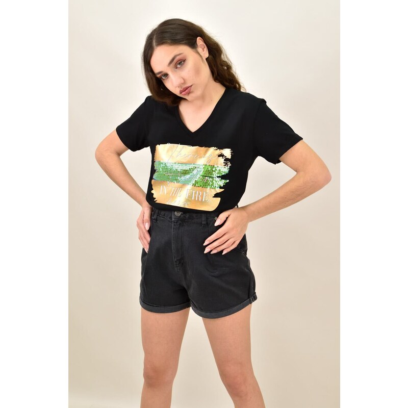 Potre Γυναικείο T-shirt με τύπωμα και στρας