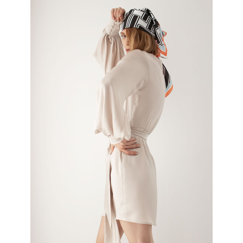 Sotris collection | Γκοφρέ σεμιζιέ φόρεμα με δέσιμο Μπεζ