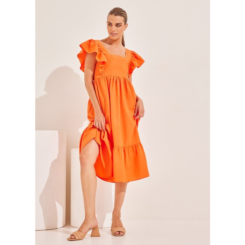 KATELONDON Φόρεμα με τετράγωνη λαιμόκοψη και βολάν - Πορτοκαλί
