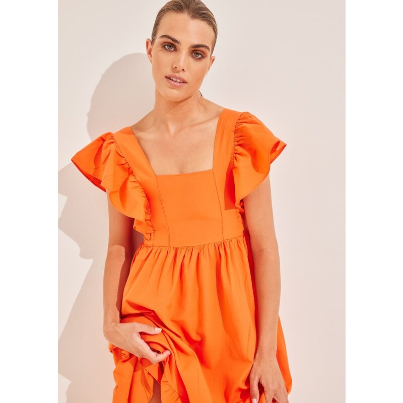 KATELONDON Φόρεμα με τετράγωνη λαιμόκοψη και βολάν - Πορτοκαλί