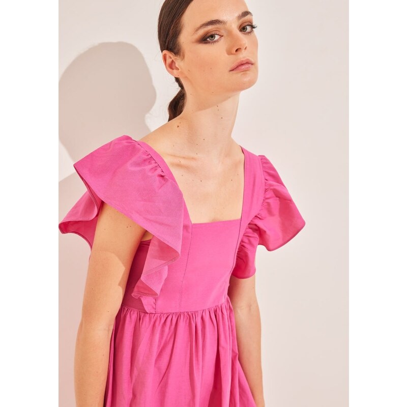 KATELONDON Φόρεμα με τετράγωνη λαιμόκοψη και βολάν - Φούξια