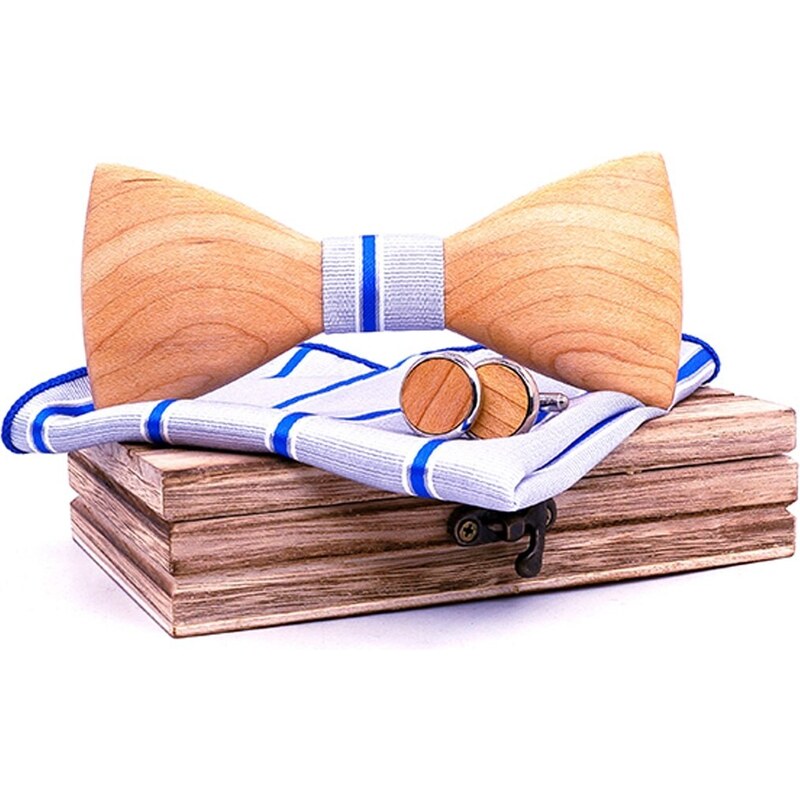 Legend - LGD-WT-349 - Set Wooden Bow Ties Pocket Square and Cufflinks - Blue - ΠΑΠΙΓΙΟΝ