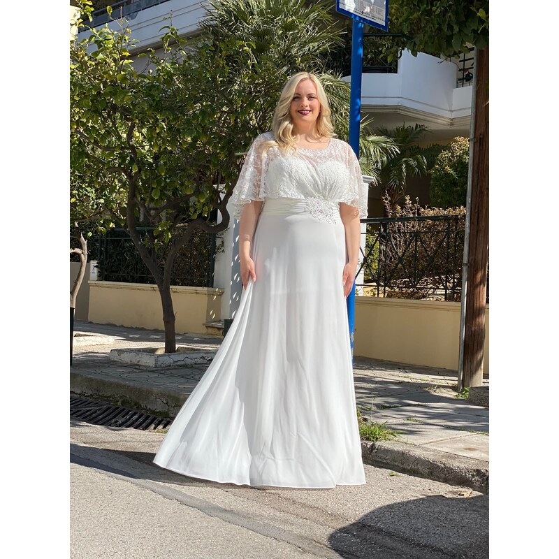 Amorada Μάξι φόρεμα με μπέρτα απο δαντέλα και στράς "Aneliz" λευκό