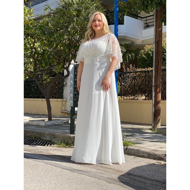 Amorada Μάξι φόρεμα με μπέρτα απο δαντέλα και στράς "Aneliz" λευκό