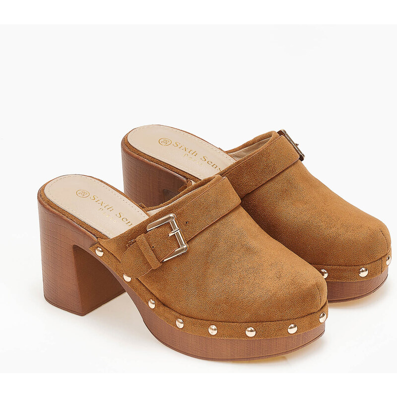 issue Suede mules με χοντρό τακούνι - Κάμελ - 024011