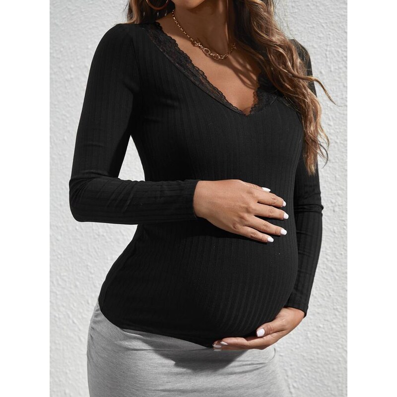 OEM Μαύρη μακρυμάνικη μπλούζα με δαντέλα, κατάλληλη για εγκύους