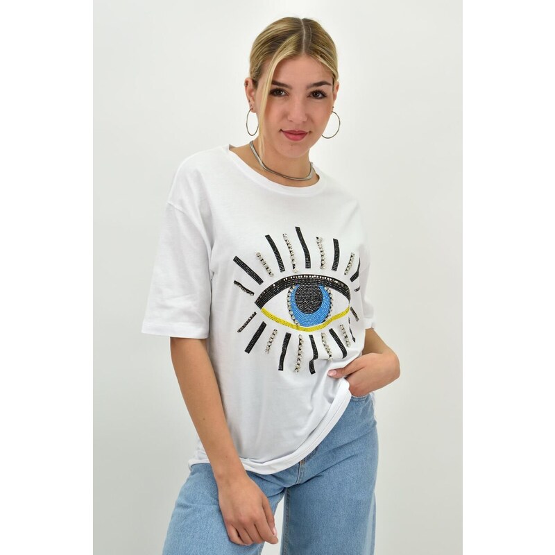 Potre Γυναικείο T-shirt με στρας και σχέδιο μάτι