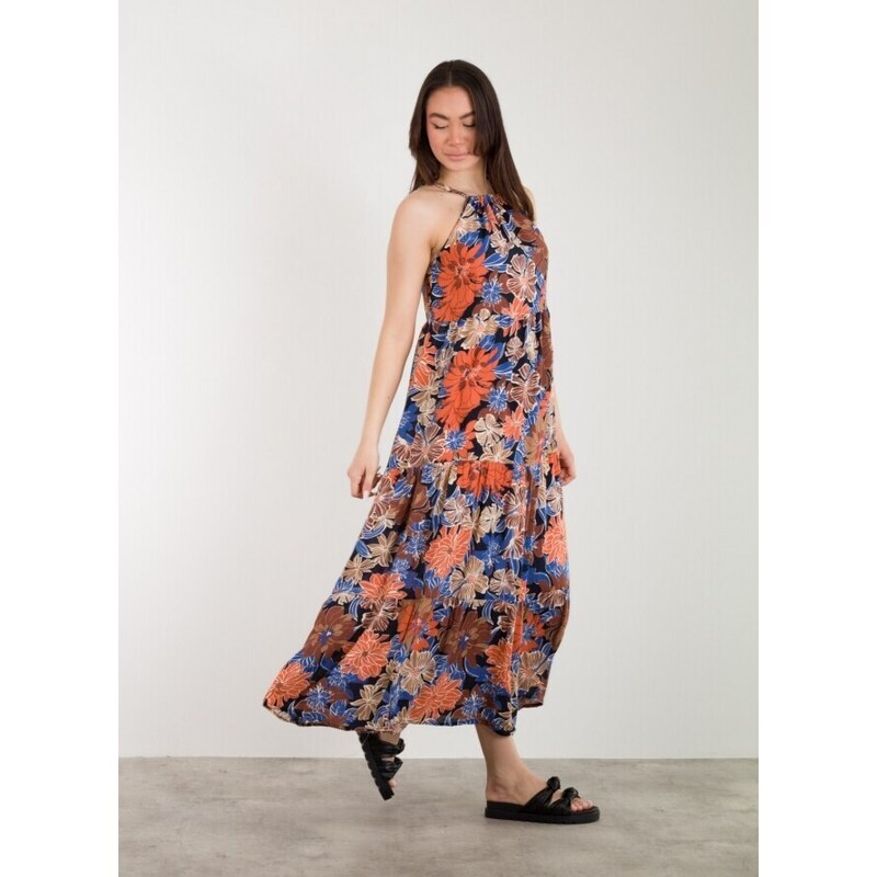 FREE WEAR Γυναικείο Φόρεμα με Print Λουλούδια Μακρύ - Καφέ - 021005