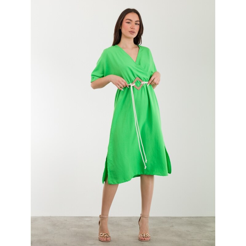 FREE WEAR Φόρεμα Γυναικείο με Ζώνη - Πράσινο - 004004