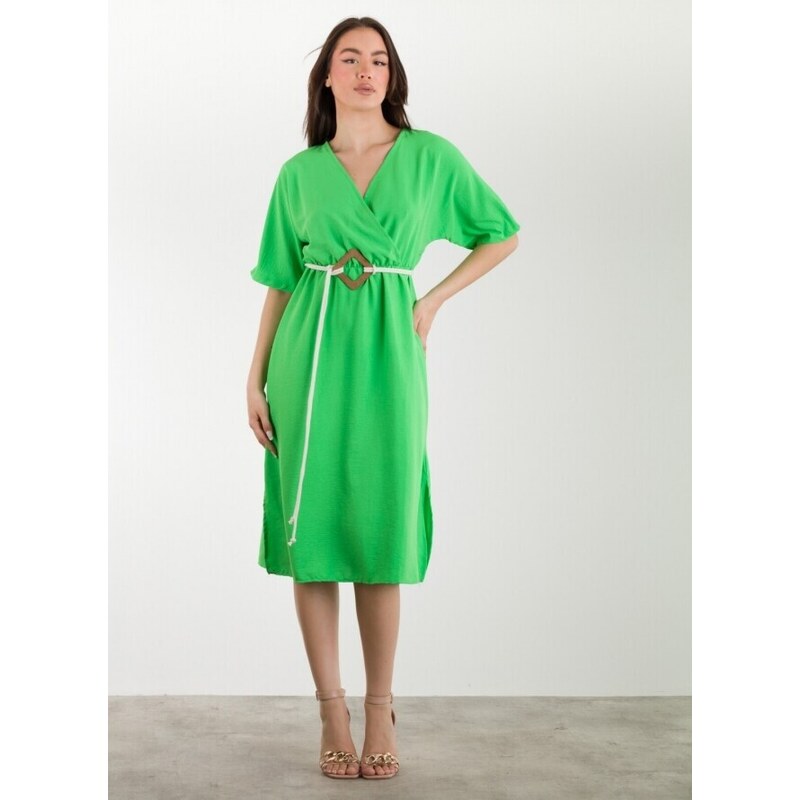 FREE WEAR Φόρεμα Γυναικείο με Ζώνη - Πράσινο - 004004