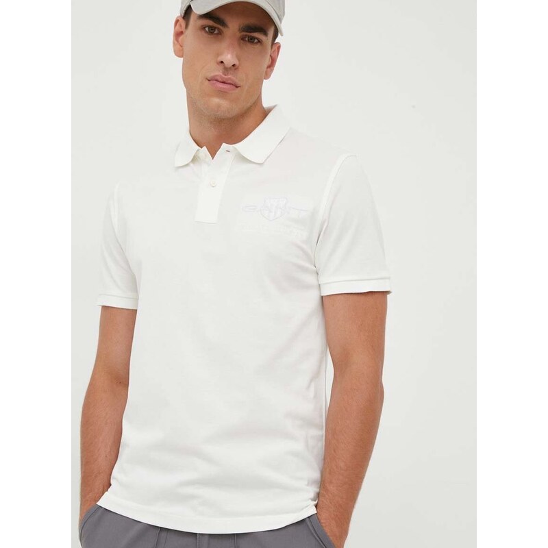 Βαμβακερό μπλουζάκι πόλο Gant χρώμα: μπεζ