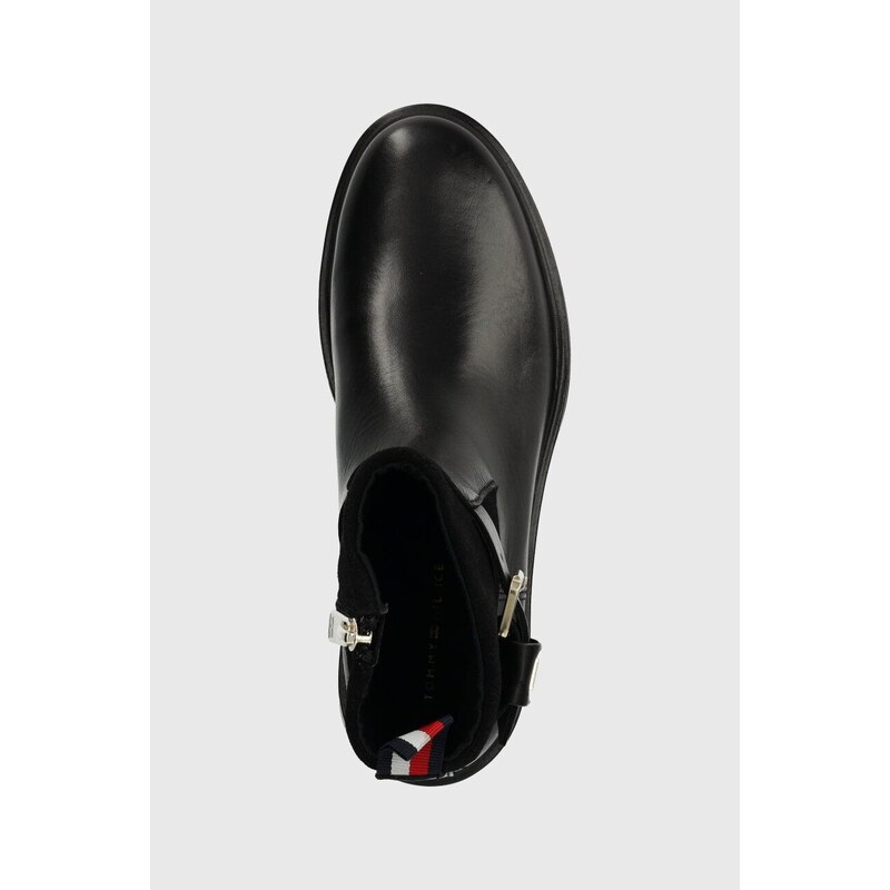 Δερμάτινες μπότες Tommy Hilfiger BELT BOOTIE MATERIAL MIX γυναικείες, χρώμα: μαύρο, FW0FW07477 F3FW0FW07477