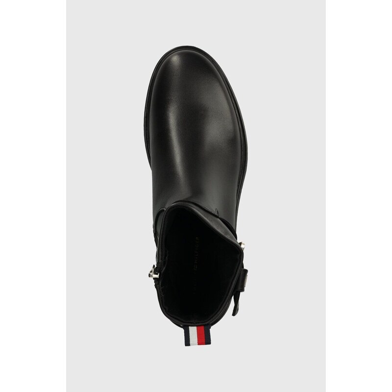 Δερμάτινες μπότες Tommy Hilfiger BELT BOOTIE LEATHER γυναικείες, χρώμα: μαύρο, FW0FW07479 F3FW0FW07479