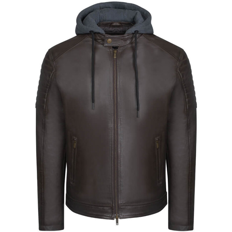 Prince Oliver Hooded Racer Δερμάτινο Καφέ 100% Leather Jacket (Modern Fit)