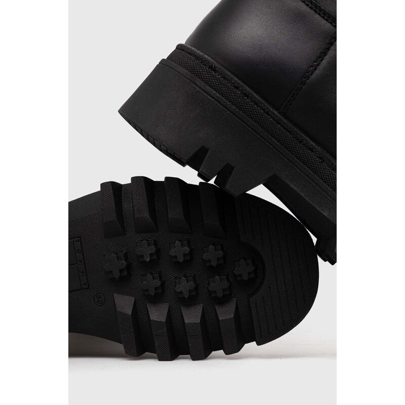 Δερμάτινες μπότες Tommy Jeans TJW FASHION HIGH SHAFT γυναικείες, χρώμα: μαύρο, EN0EN02288 F3EN0EN02288