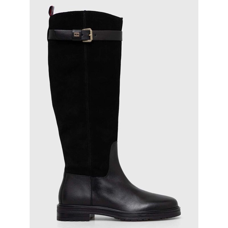 Δερμάτινες μπότες Tommy Hilfiger CASUAL ESSENTIAL BELT LONGBOOT γυναικείες, χρώμα: μαύρο, FW0FW07480 F3FW0FW07480