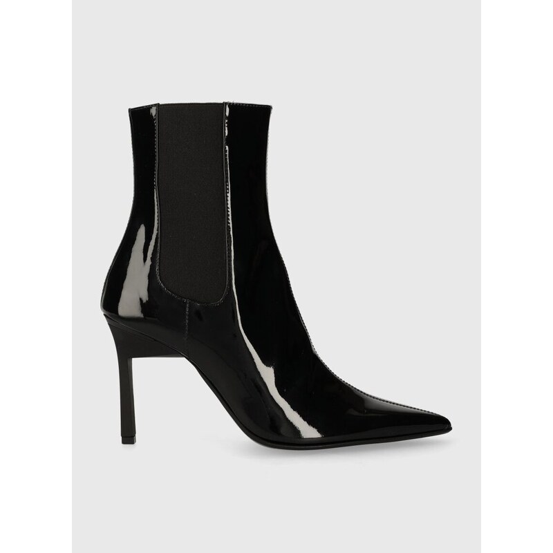 Δερμάτινες μπότες τσέλσι Calvin Klein GEO STILETTO CHELSEA BOOT 90-PAT γυναικείες, χρώμα: μαύρο, HW0HW01809 F3HW0HW01809