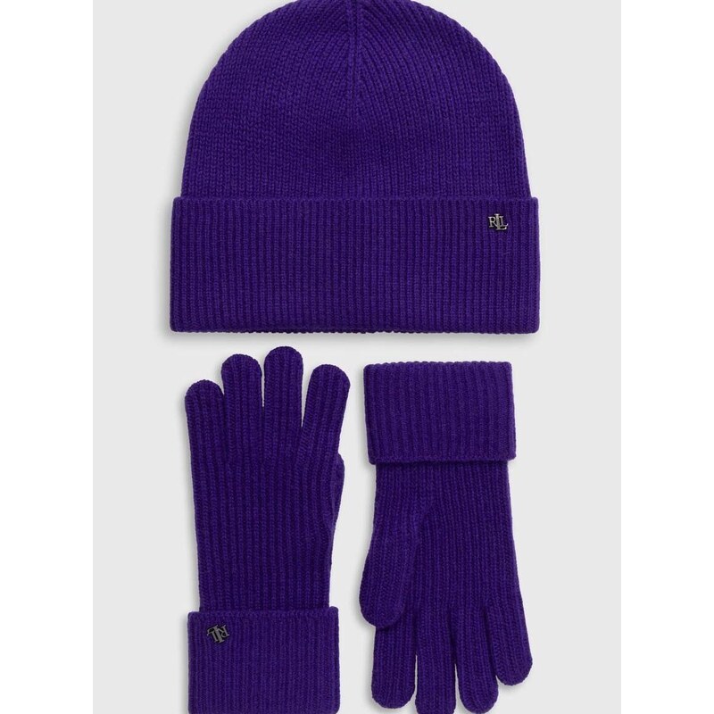 Μάλλινο καπέλο και γάντια Lauren Ralph Lauren χρώμα: μοβ