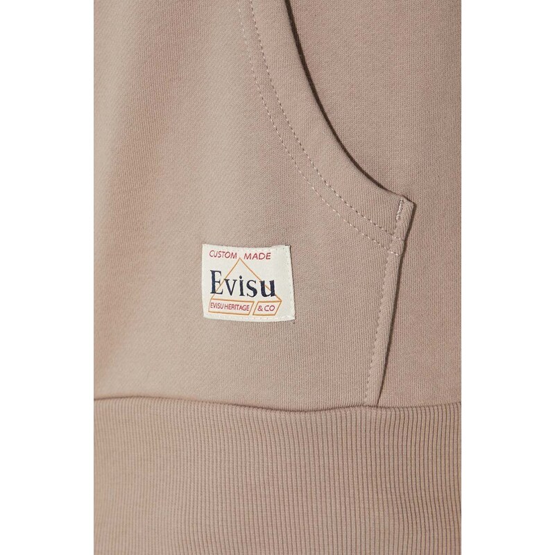 Βαμβακερή μπλούζα Evisu Double Kamon EMB χρώμα: μπεζ, με κουκούλα, 2EAHTM3SW1076RXCT F32EAHTM3SW1076RXCT