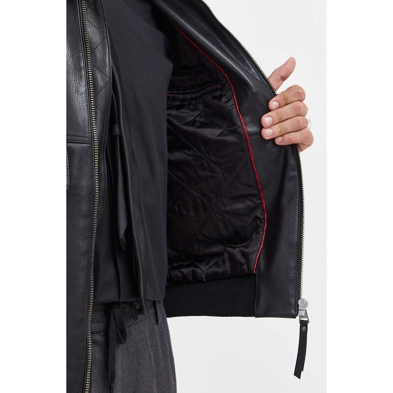 Δερμάτινο μπουφάν HUGO ανδρικό, χρώμα: μαύρο