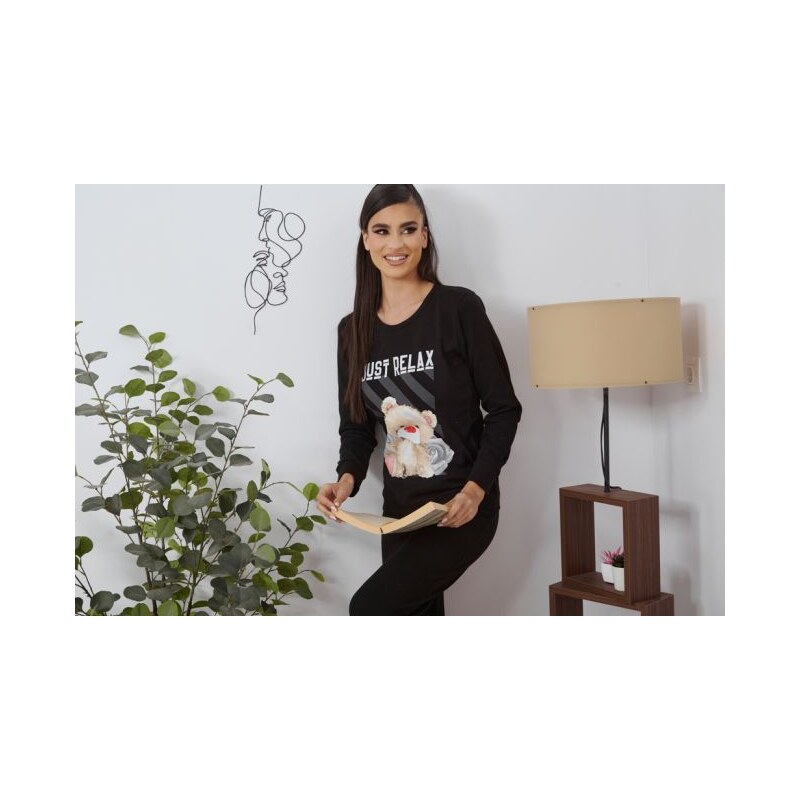 Comfort Πιτζάμα γυναικεία με αρκουδάκι και λουλούδια - Μαύρο - GLAMI.gr