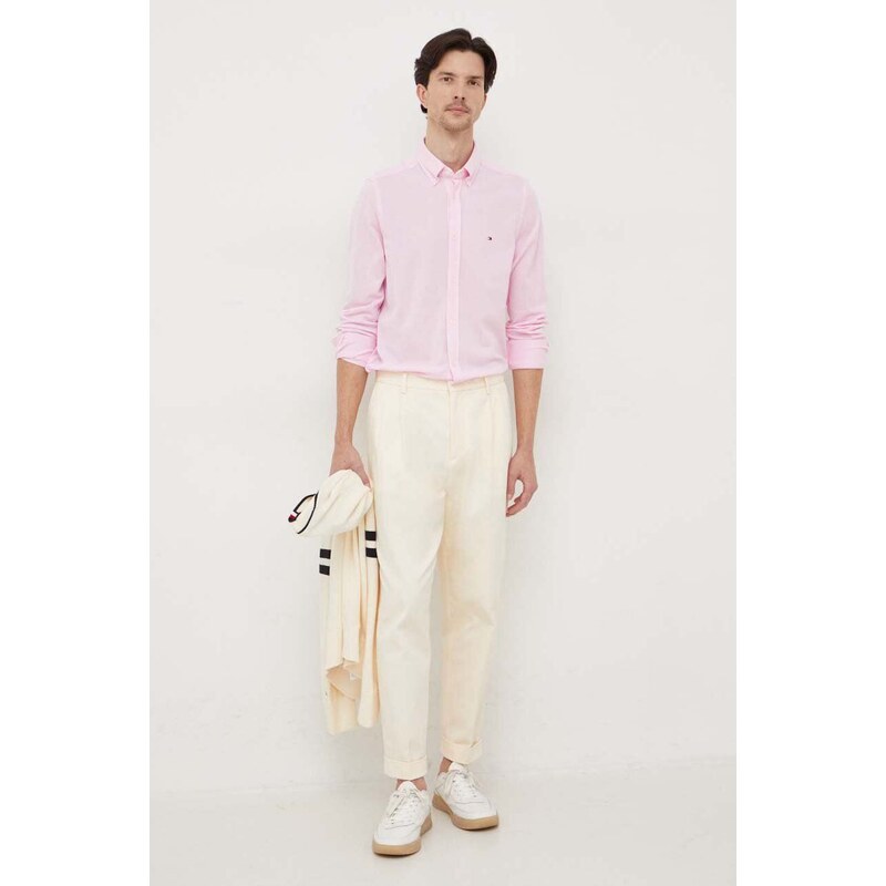 Βαμβακερό πουκάμισο Tommy Hilfiger ανδρικό, χρώμα: ροζ