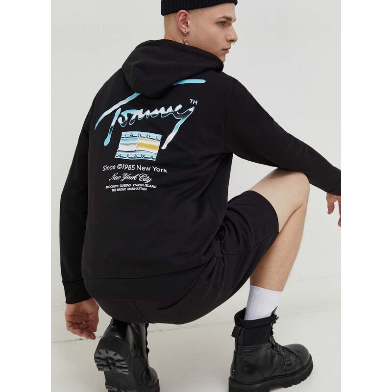 Βαμβακερή μπλούζα Tommy Jeans χρώμα: μαύρο, με κουκούλα