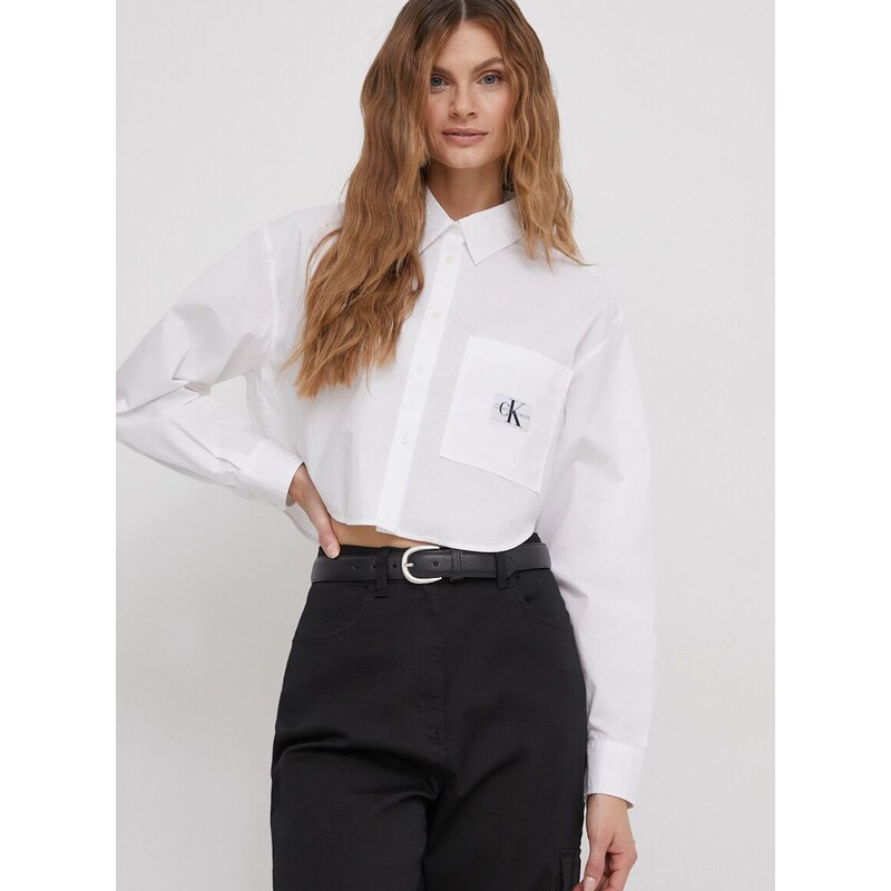 Βαμβακερό πουκάμισο Calvin Klein Jeans χρώμα: άσπρο