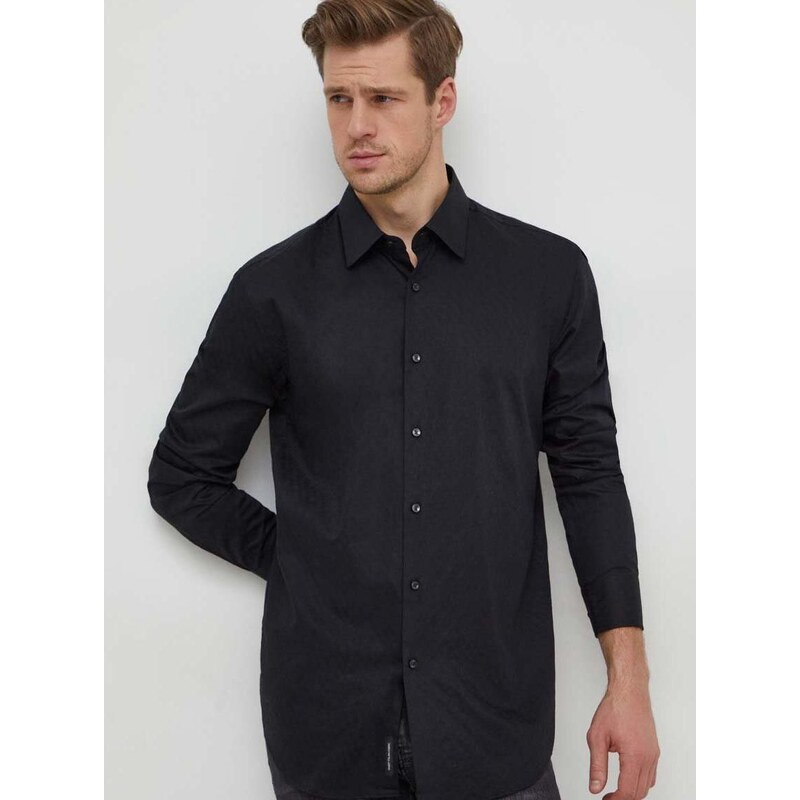 Βαμβακερό πουκάμισο BOSS ανδρικό, χρώμα: μαύρο