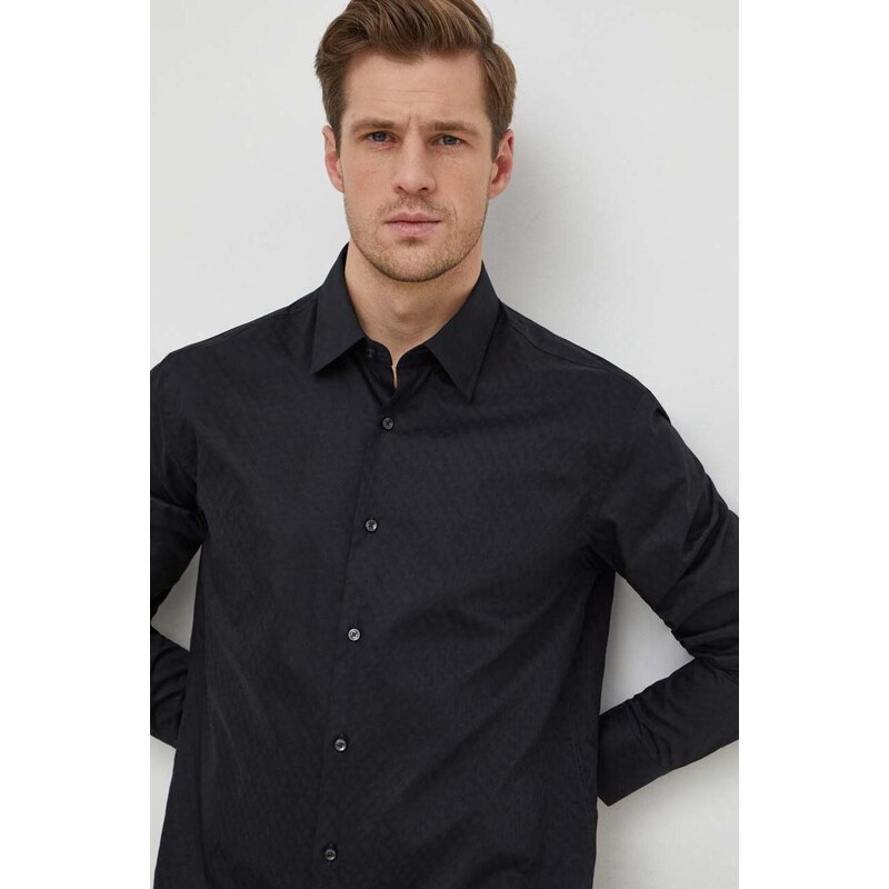 Βαμβακερό πουκάμισο BOSS ανδρικό, χρώμα: μαύρο