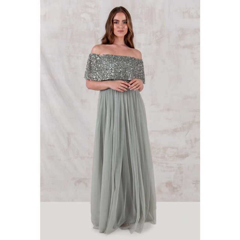 PerfectDress.gr fairytale επίσημο φόρεμα chic παγιέτα Lily green bardot