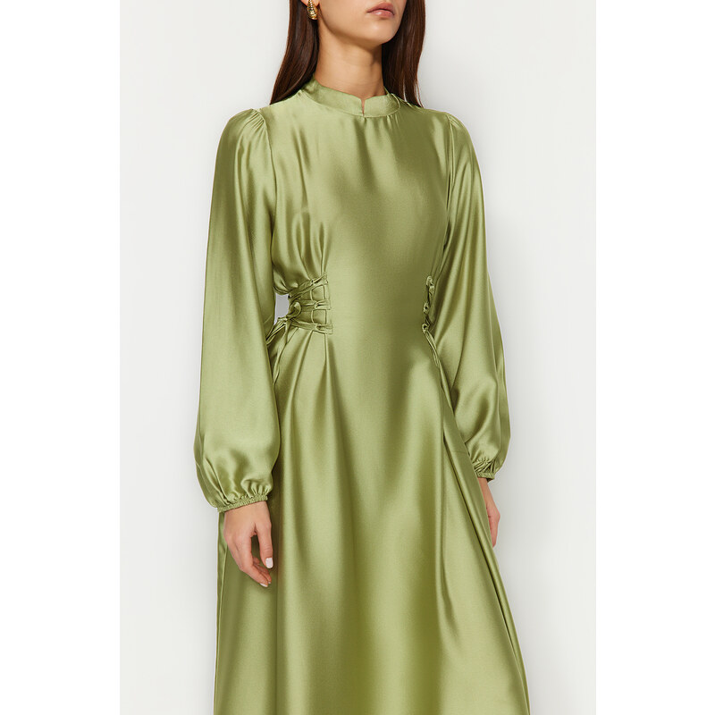 Trendyol Πράσινη Μέση Brit Σατέν Βραδινό Φόρεμα