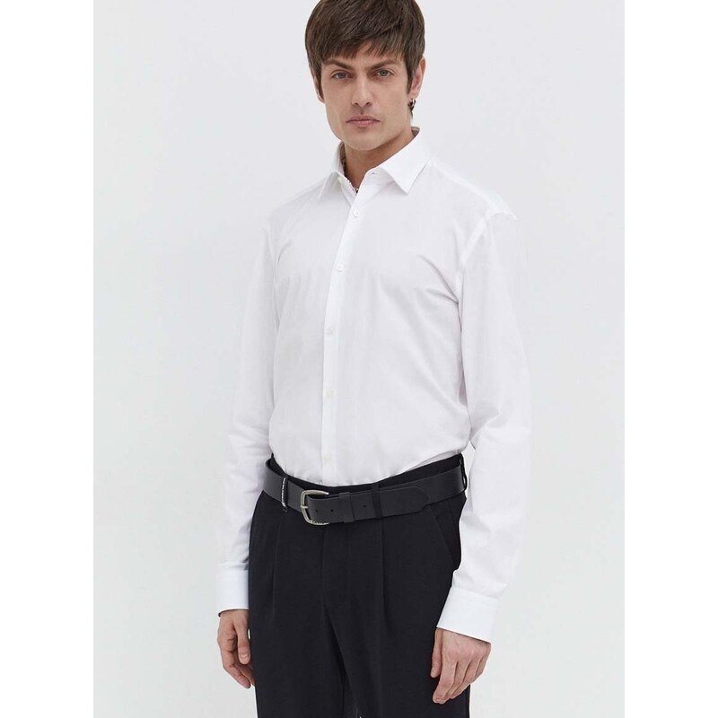 Βαμβακερό πουκάμισο HUGO ανδρικό, χρώμα: άσπρο