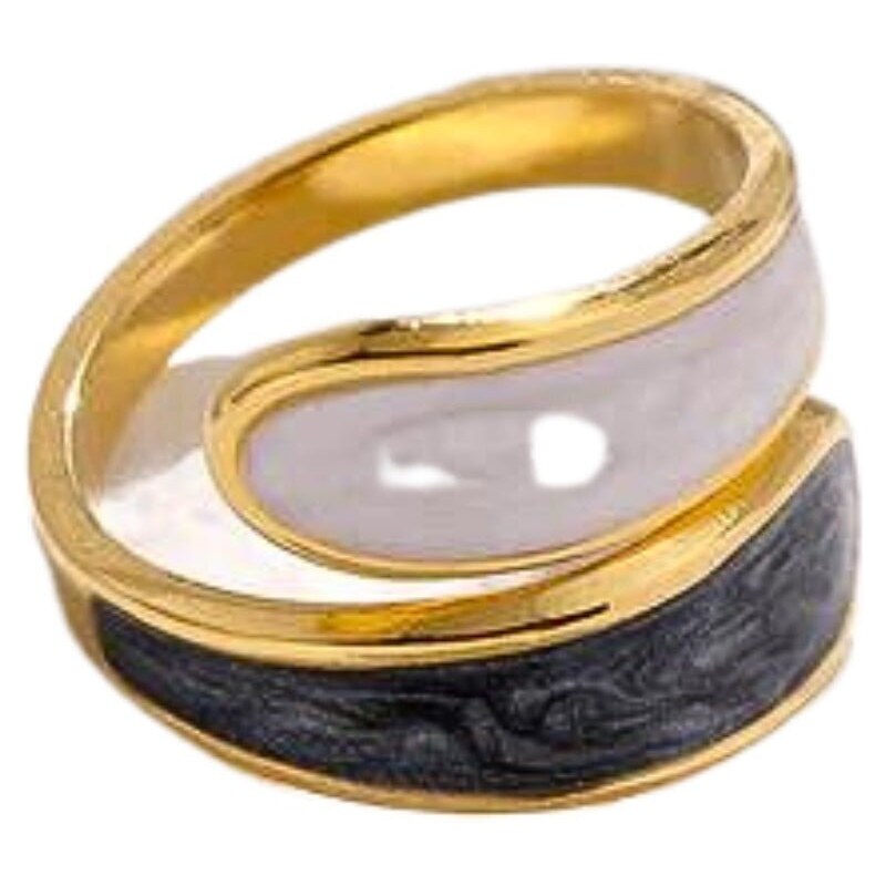 charmy.gr Ατσάλινο ρυθμιζόμενο δαχτυλίδι χρυσό με μαύρο και άσπρο σμάλτο (R1273)