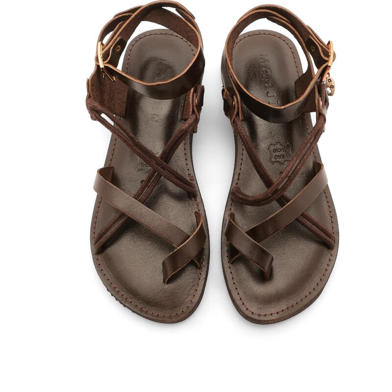 Marjin Women's Genuine Leather Accessoried Eva Sole With Crossed Threads Detail Daily Sandals Rivade Brown.