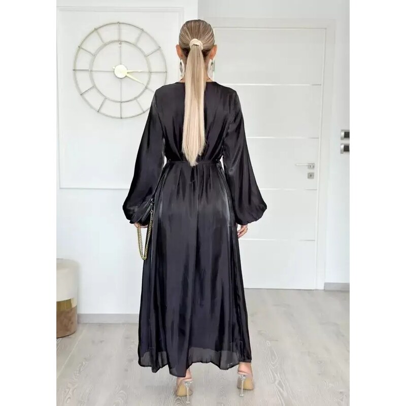 parizianista φόρεμα σατινέ με κουμπιά & ζώνη - Μαύρο - 002001