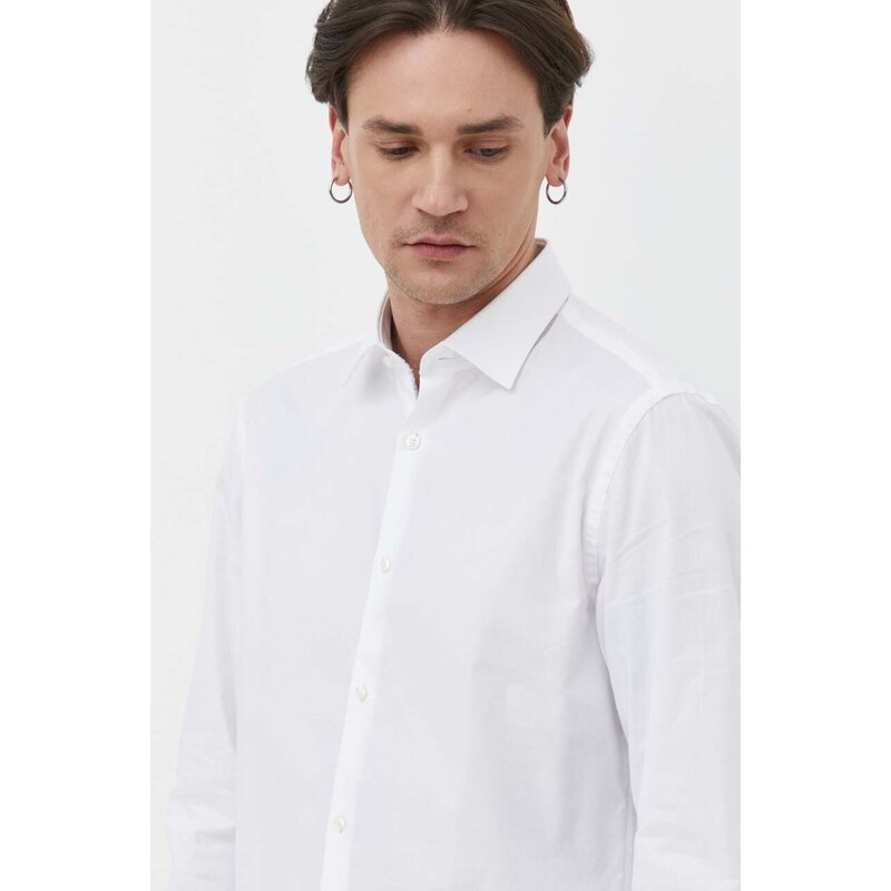 Βαμβακερό πουκάμισο HUGO ανδρικό, χρώμα: άσπρο