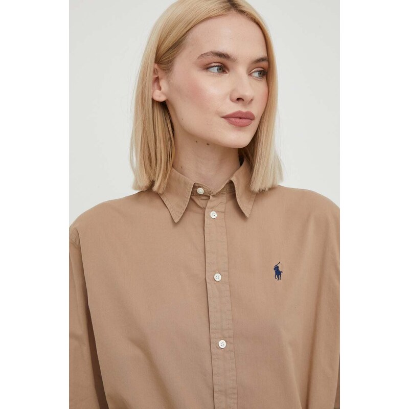 Βαμβακερό πουκάμισο Polo Ralph Lauren χρώμα: μπεζ