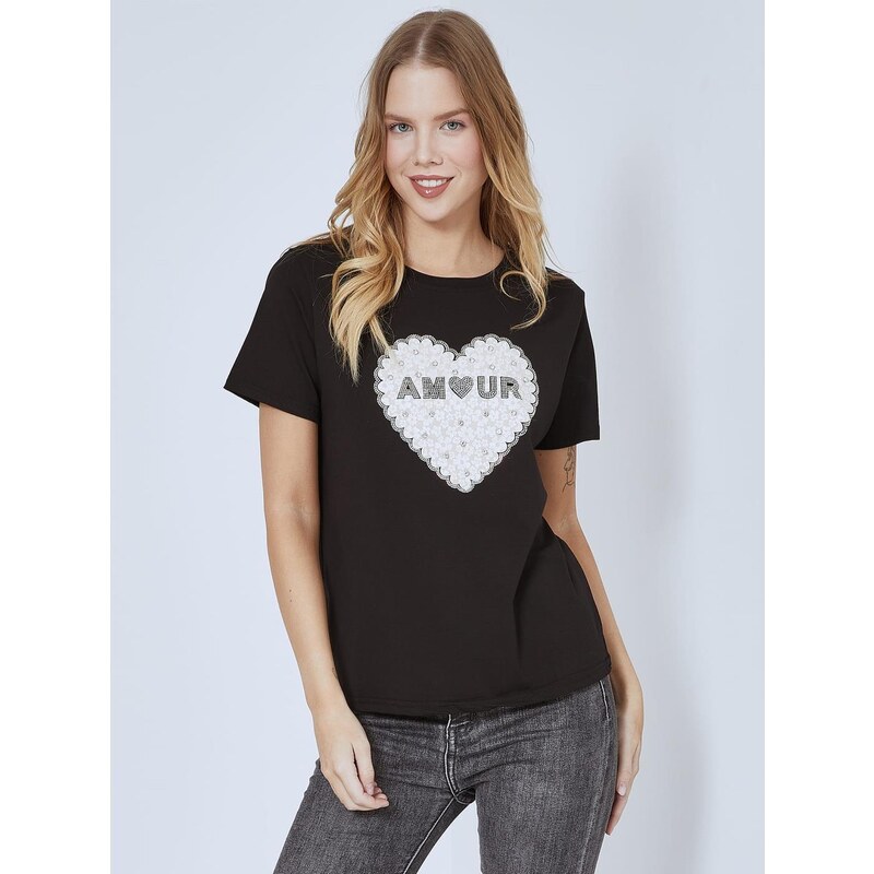 Celestino T-shirt amour με strass μαυρο μπεζ για Γυναίκα
