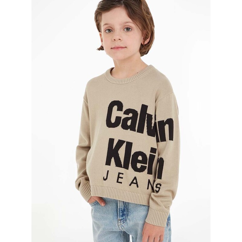 Παιδικό βαμβακερό πουλόβερ Calvin Klein Jeans χρώμα: μπεζ