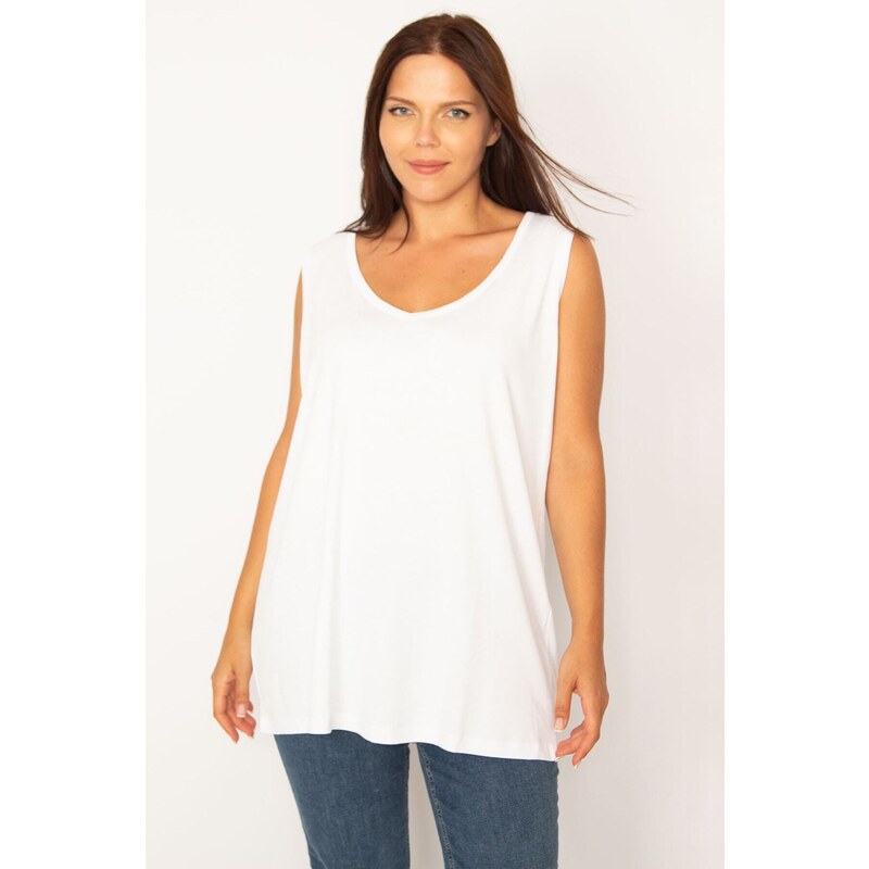 Şans Γυναικεία Αμάνικη Μπλούζα από Λευκό Βαμβακερό Ύφασμα Plus 65n26628