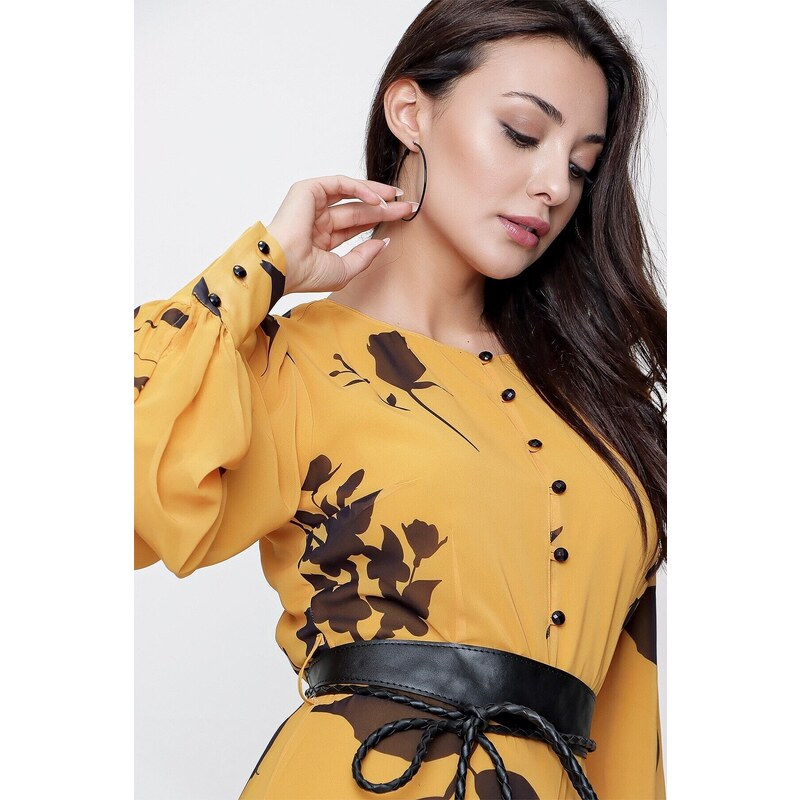 By Saygı Yellow Floral Pattern Long Chiffon Dress With Half Buttons In