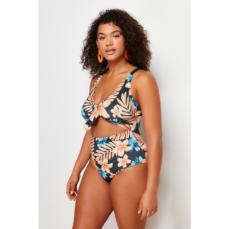 Trendyol Curve Multi-Colored Tropical Patterned Tie Detailed Recovery Effect Swimsuit