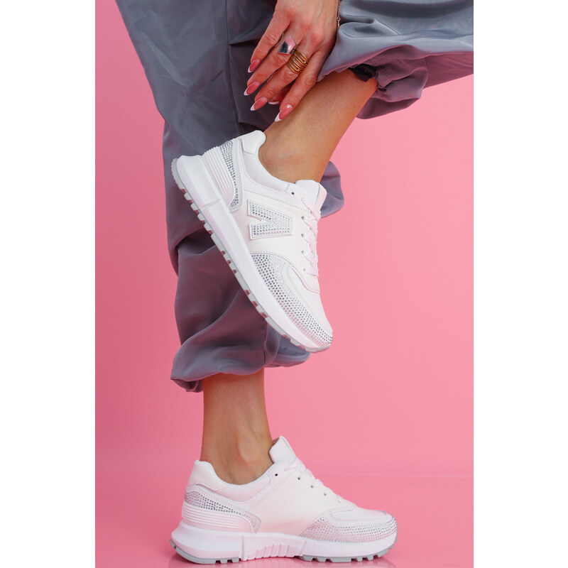 Ligglo Λευκά Sneakers σε Συνδυασμό Καμβά & Ματ με Στρας