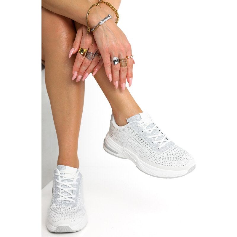 Ligglo Λευκά Sneakers με Στρας & Γκλίτερ Διακόσμηση